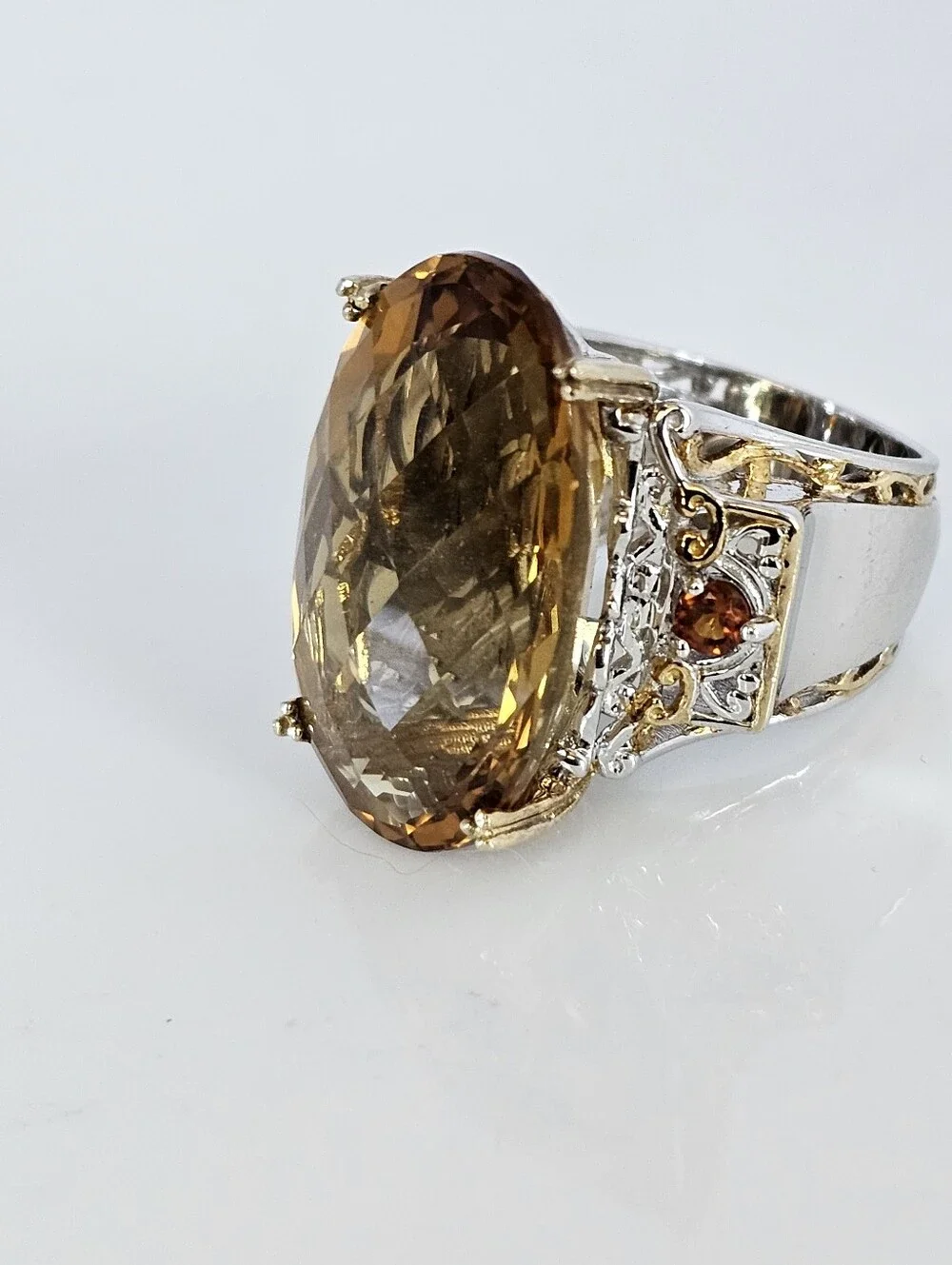 Genuine Huge Oval Citrine & Red Garnet Ring Palladium Sterling Silver 18K Sz 5!